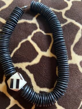 Vintage 70’s Wood Disc Necklace With a Mother of Pearl Marquetry Inlaid  Bead